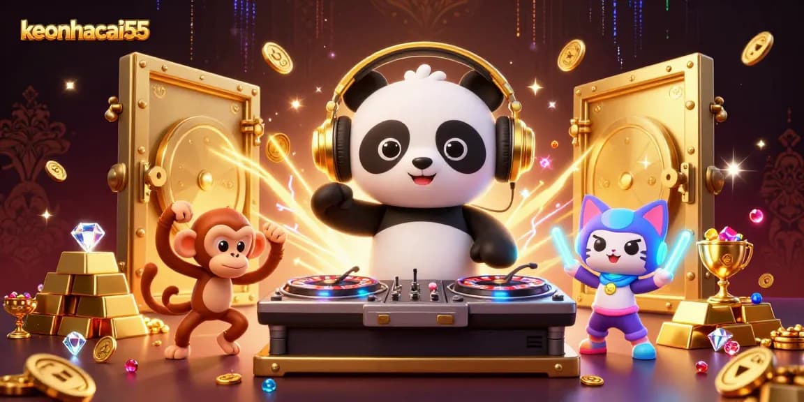 Engage with keonhacai55 through vibrant 3D casino celebration featuring dynamic characters and gaming elements.