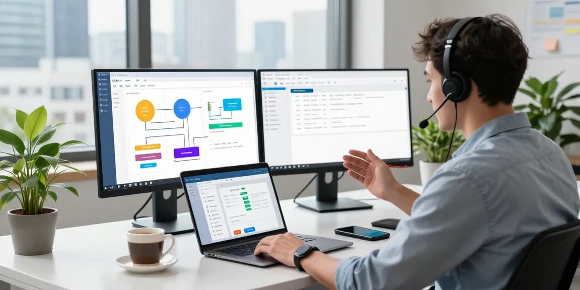 Build internal tools with AI using a laptop in a collaborative workspace with vibrant graphs, bright city view.