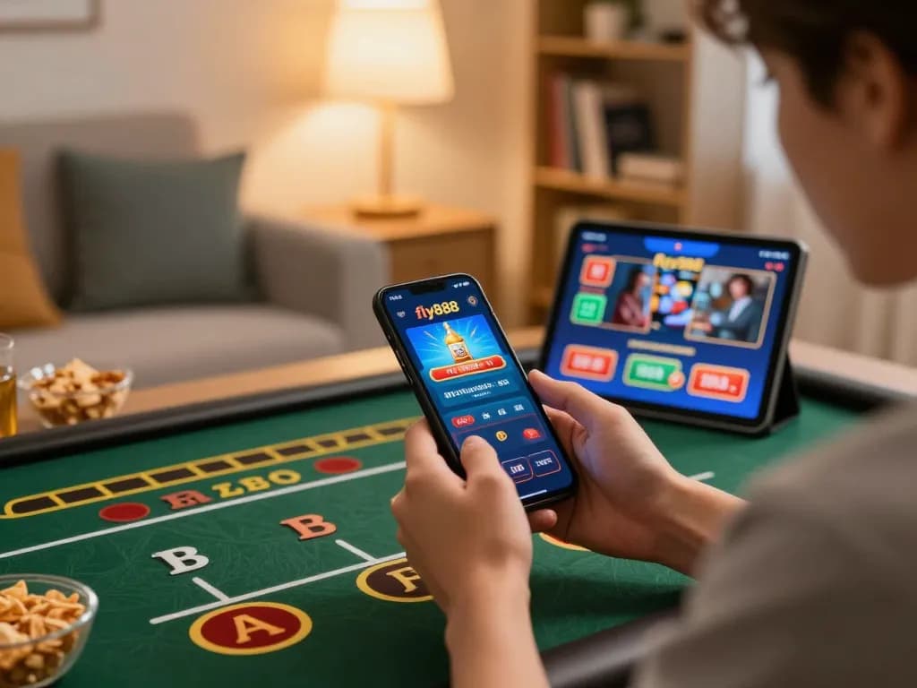 Player enjoying fly888 gaming experience on a smartphone in a cozy living room setting