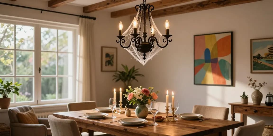 Elegante lampara de araña iluminando un comedor rústico con una cálida atmósfera.
