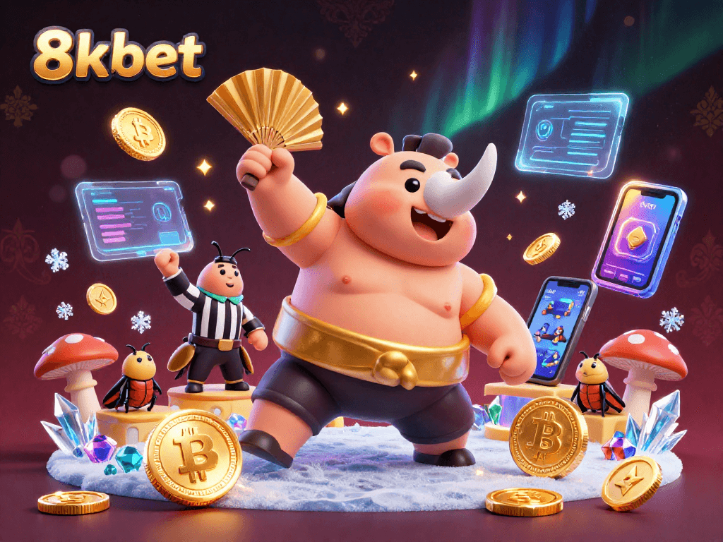 8xbet features a lively scene with a beetle champion celebrating, surrounded by cryptocurrency coins and vibrant gaming elements.