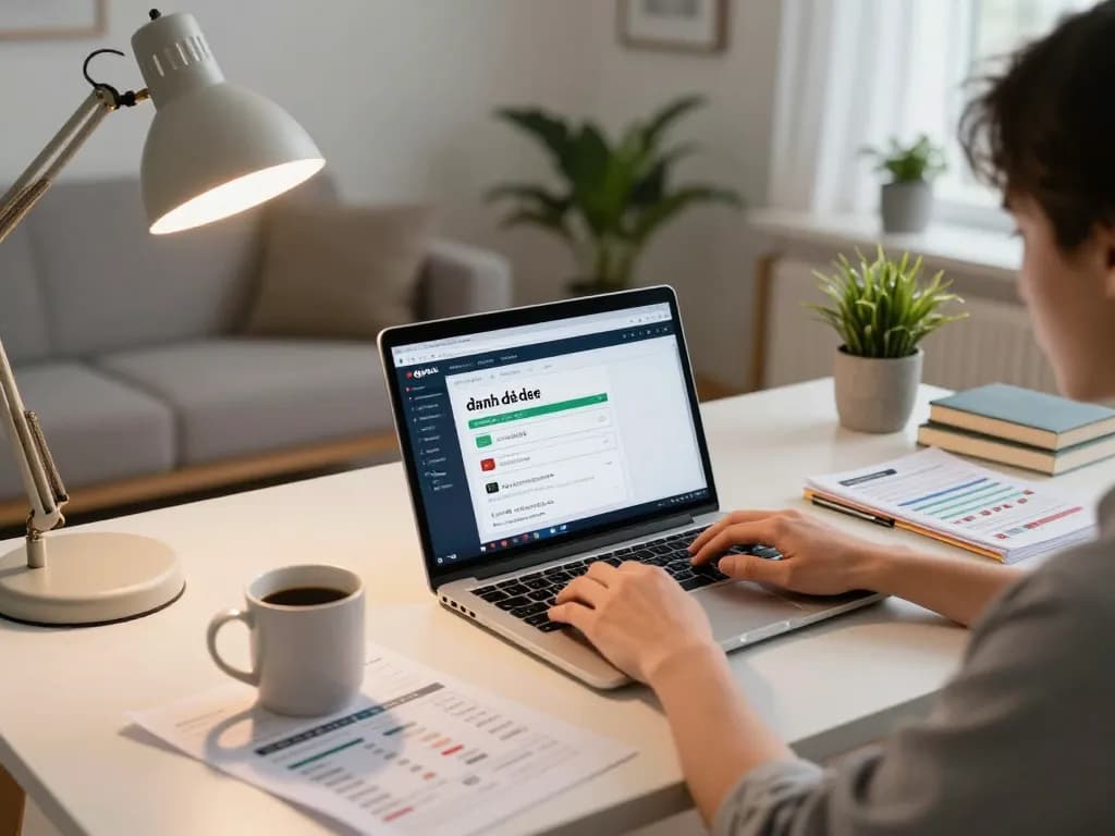 Engaging in đánh đề online from a cozy home office, showcasing laptop interface and betting notes.