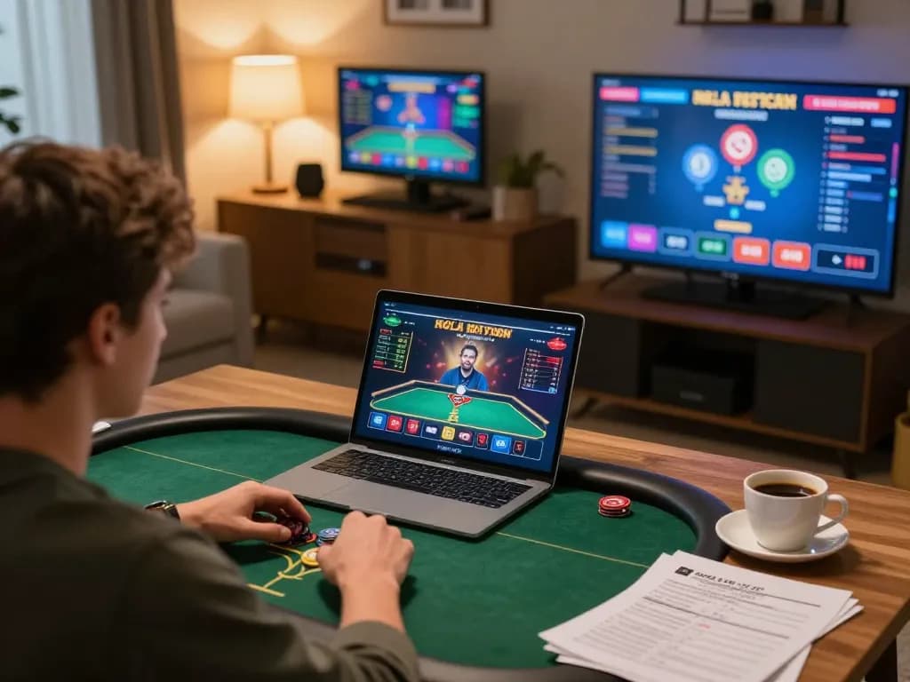 Experience Nhà cái 78WIN through immersive online poker gameplay, showcasing strategic betting and cozy home atmosphere.