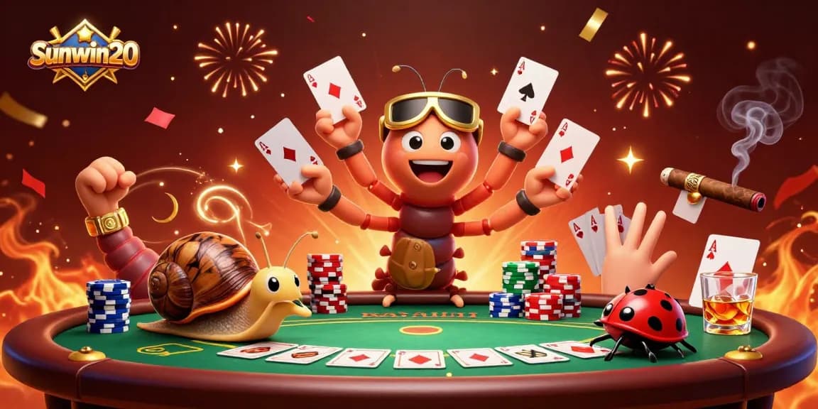 Engage with Sunwin20's vibrant poker scene featuring a millipede dealer and chip-stacking snail.