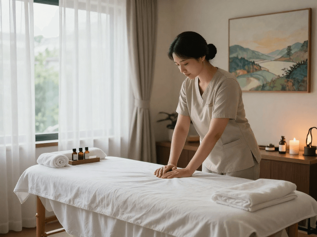 Calm home massage setting emphasizing 오산출장안마 with professional therapist preparing a serene environment.