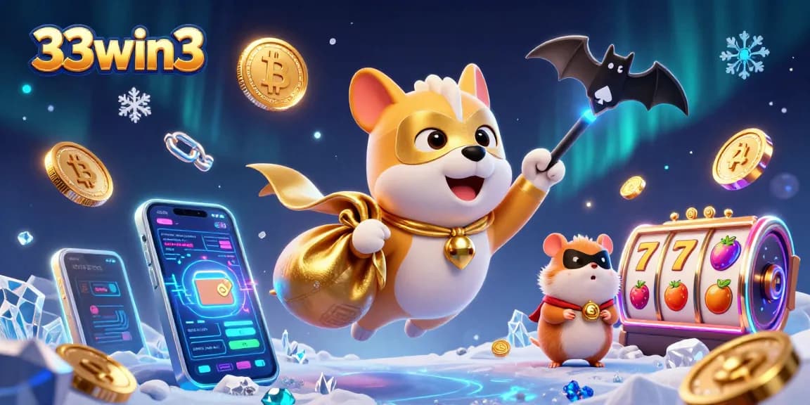Engage with 33win3 by winning big with our superhero dog and sidekick in a vibrant casino scene.