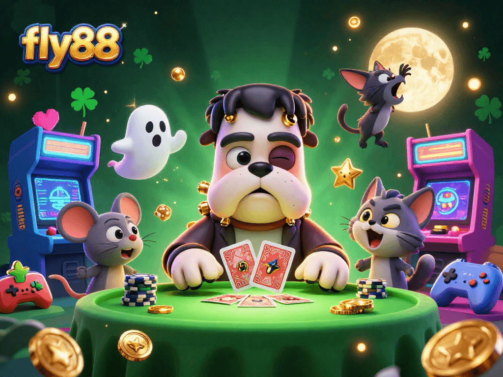 fly88 evokes excitement as the Frankenstein bulldog deals cards at a glowing casino table.