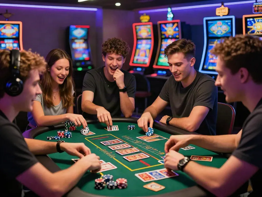 Amigos disfrutando de juegos de casino en phuwerte-inwersowia.com, ambiente alegre y vibrante.