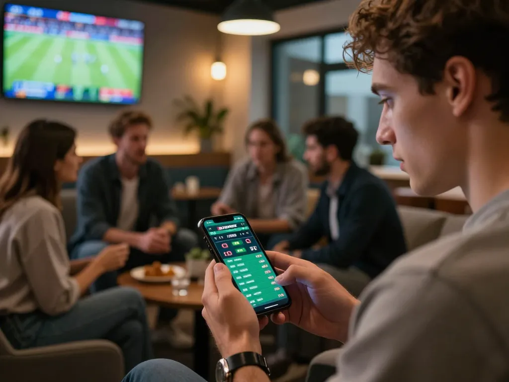 Engaged bettor analyzing kèo nhà cái 5 odds on a smartphone in a vibrant sports betting lounge.