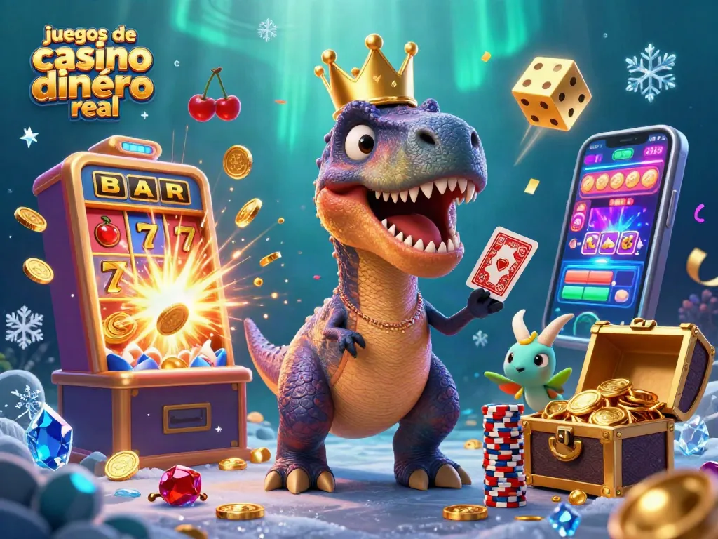 Disfruta de juegos de casino con dinero real con un T-Rex jugando cartas y un triceratops acumulando fichas.
