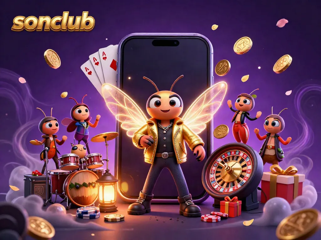Experience winning strategies at SonClub with this vibrant 3D illustration of casino games and electric characters.