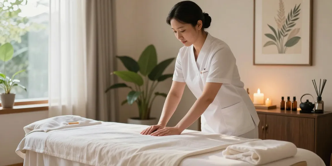 Relaxing 강남출장마사지 scene in a serene studio with soft lighting and natural elements.