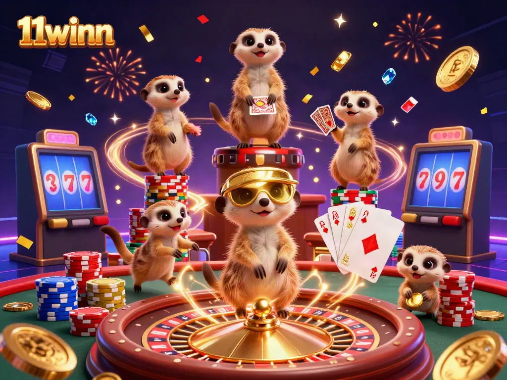 Experience excitement with 11winn in a vibrant casino scene featuring meerkats and lively gaming elements.