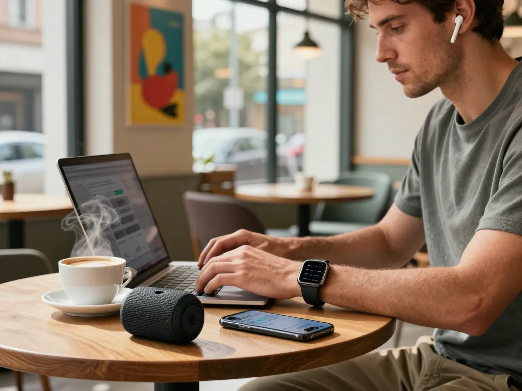 Man enjoying the best tech gadgets for men in a stylish cafe with a laptop, wireless earbuds, and smartwatch.