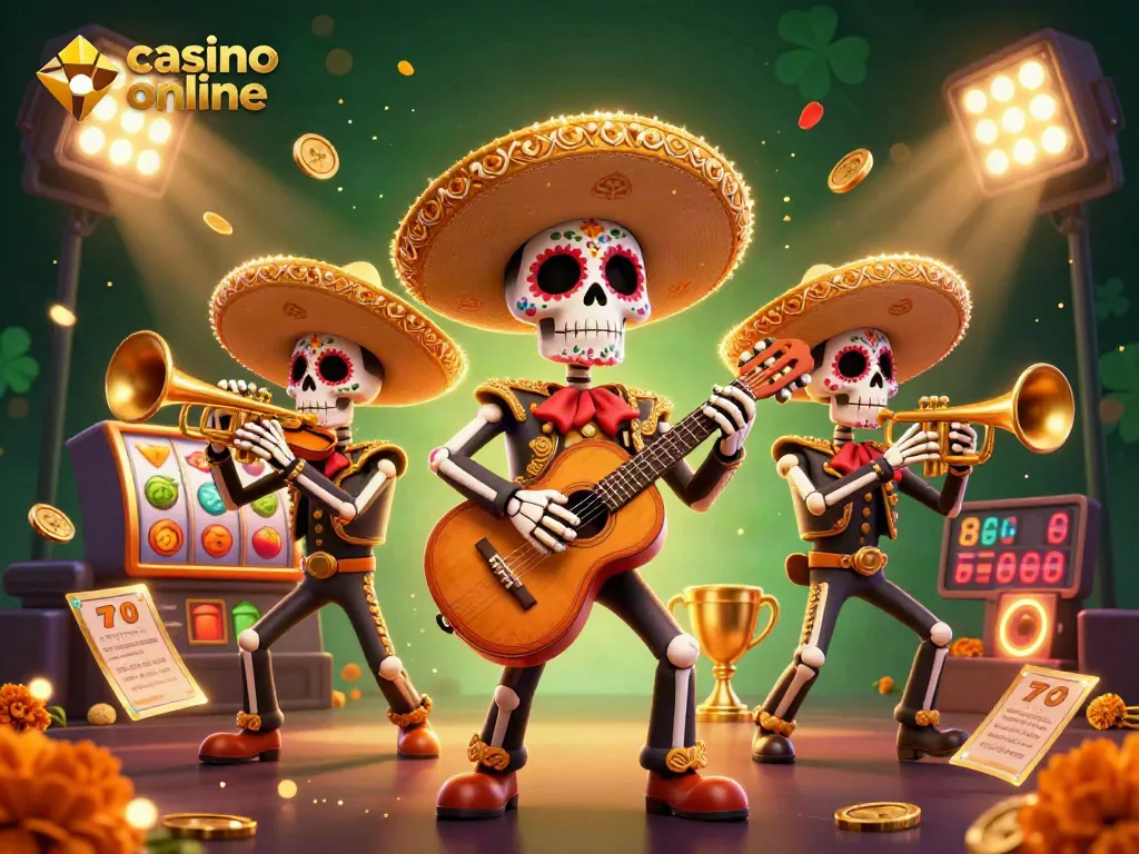 Disfruta de una experiencia de casino online con un vibrante grupo de mariachis esqueléticos que tocan melodías festivas.