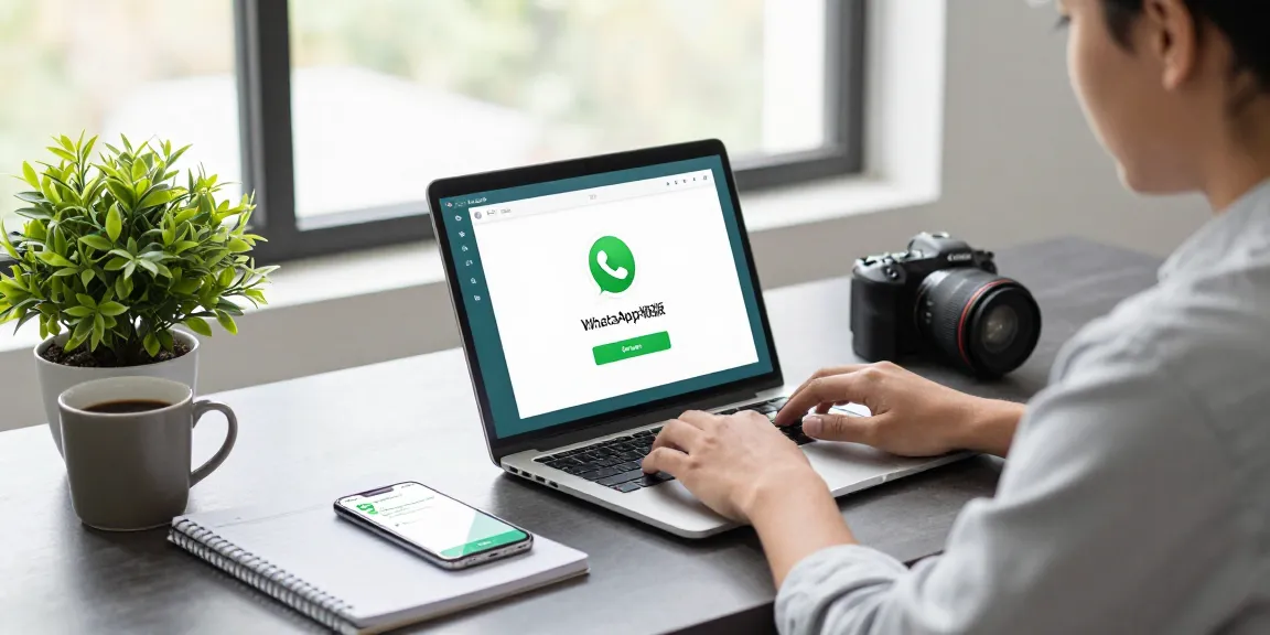 Engaging desktop scene using WhatsApp電腦版, featuring a professional at a modern workstation with a laptop and smartphone.