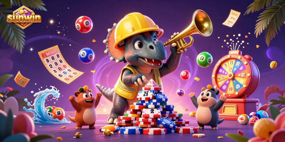 Celebrate winnings with sunwin as triceratops builds poker chip pyramid in a vibrant casino scene.