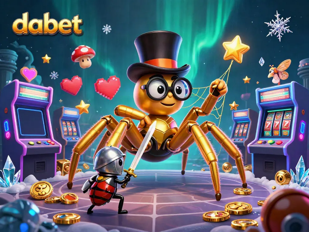 Experience the fun with dabet as the golden tarantula weaves a casino-themed web in a vibrant fantasy scene.