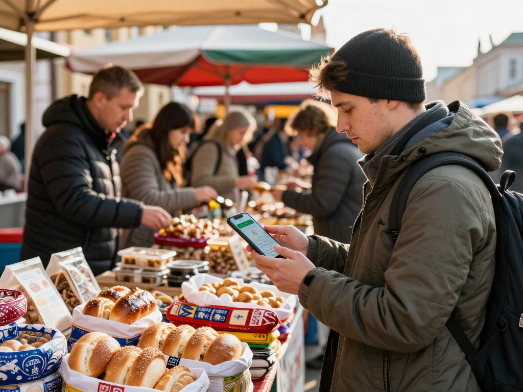 Pagando en un mercado ruso con https://payinrussia.com/, usando la app para compras digitales.