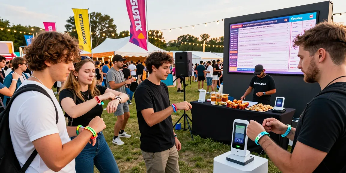Dynamic scene of festival-goers using pulseras NFC para eventos for access control and payments, showcasing vibrant festival atmosphere.