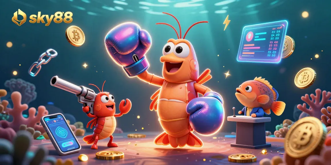 Engage in thrilling gaming with link sky88 featuring vibrant shrimp characters amidst crypto icons.