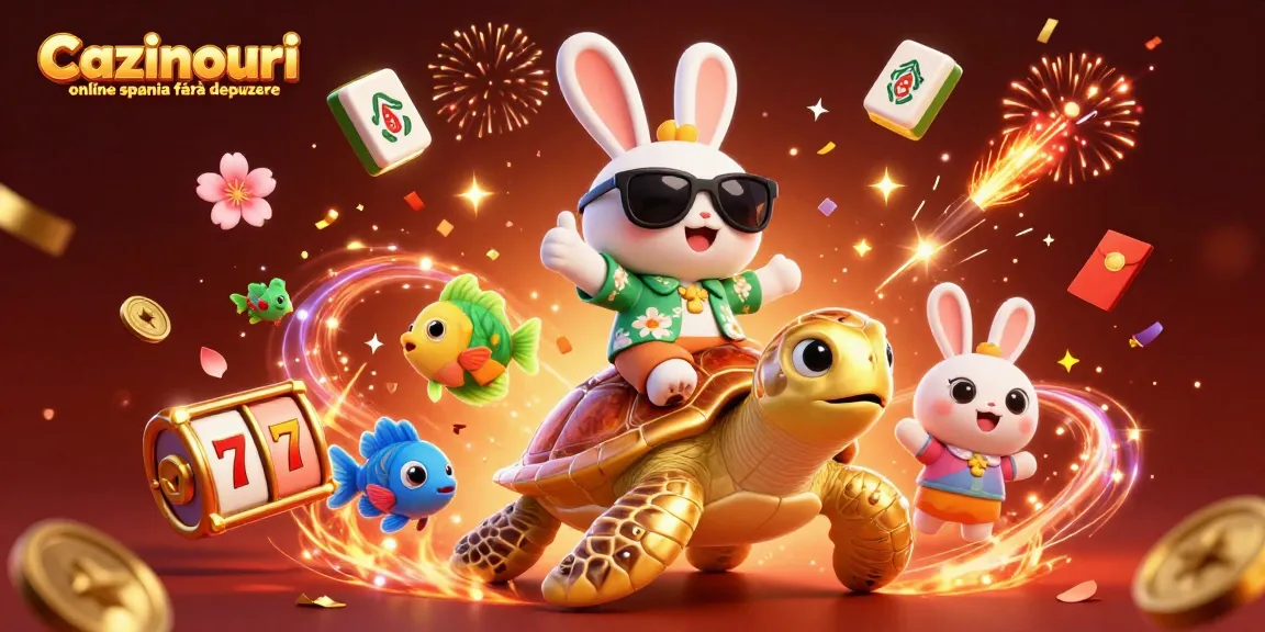 Cazinouri online spania fără depunere offers a vibrant illustration with a lucky rabbit and golden turtle amidst casino symbols.