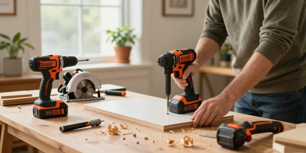 Ofertas del Black Friday Black And Decker en un taller hogareño con herramientas en uso.