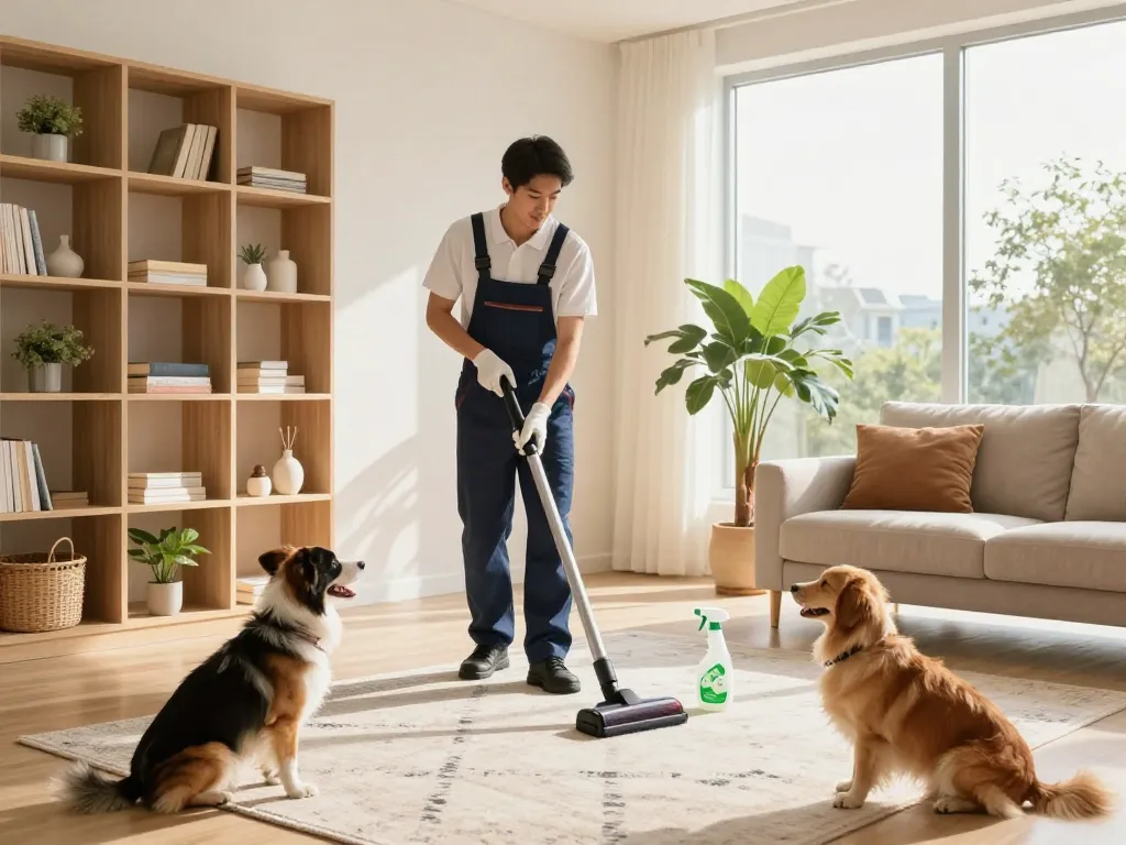 Proveedor de servicios profesionales del hogar limpiando una acogedora sala de estar, mostrando profesionales del hogar.