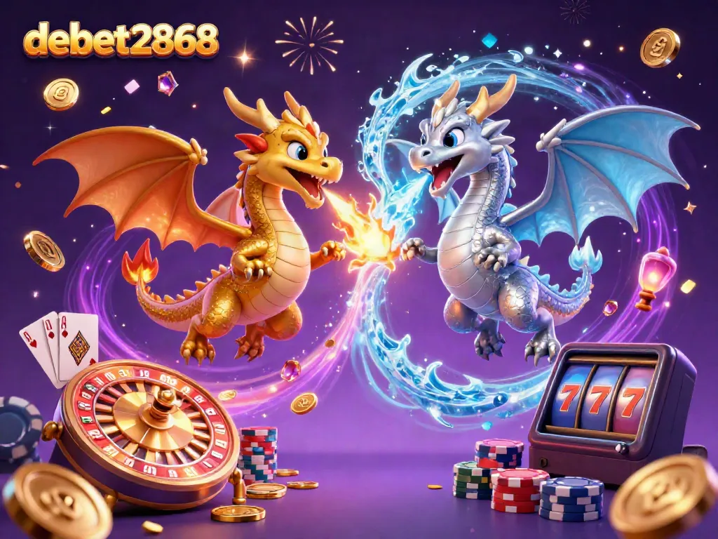 Experience the magic of debet2868 with twin golden and silver dragons battling in a casino-themed wonderland.