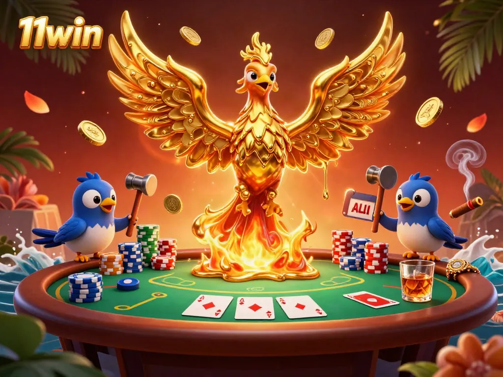 Engage in dynamic gameplay with 11win's golden phoenix amidst casinos, poker, and chips.