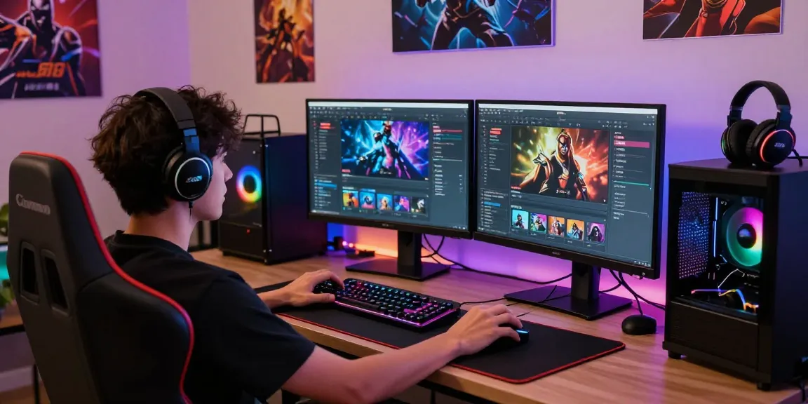 Gamer using SC88 gaming interface on dual monitors in a vibrant gaming setup
