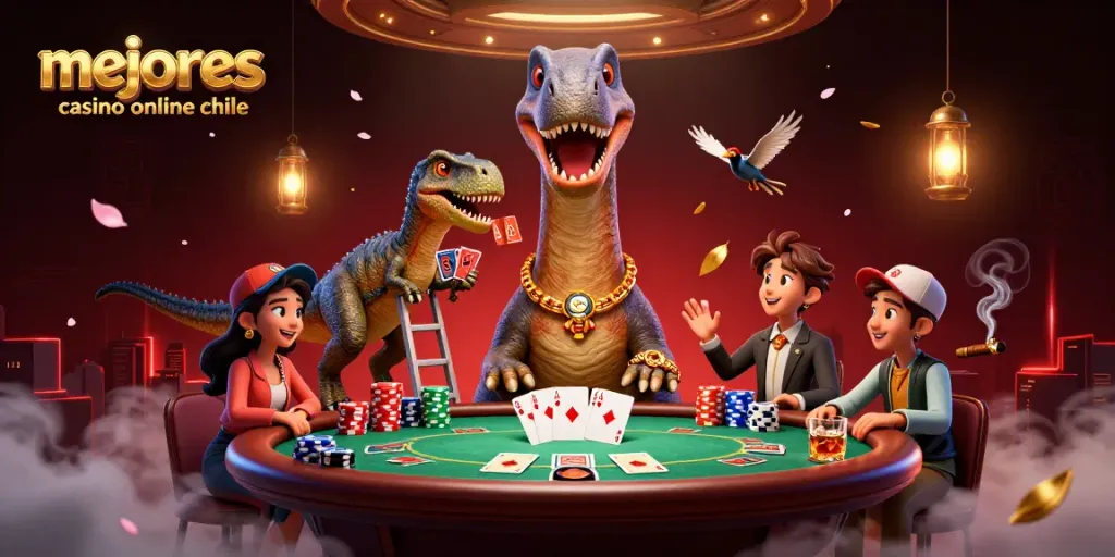 Los mejores casinos online en Chile muestran un brontosaurio en un casino, interactuando con un rapto.