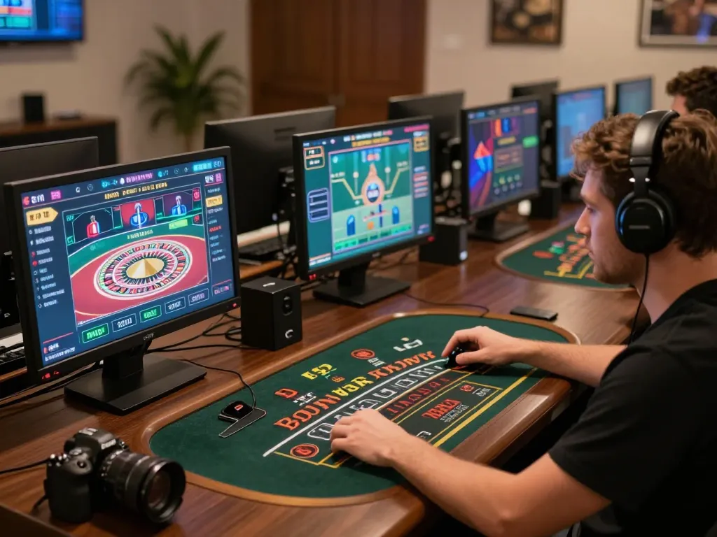 RR88 player strategizing bets in an engaging online gaming environment with modern technology and lively atmosphere.