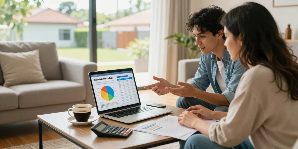 Couple analyzing comparador hipotecas options in their cozy home.