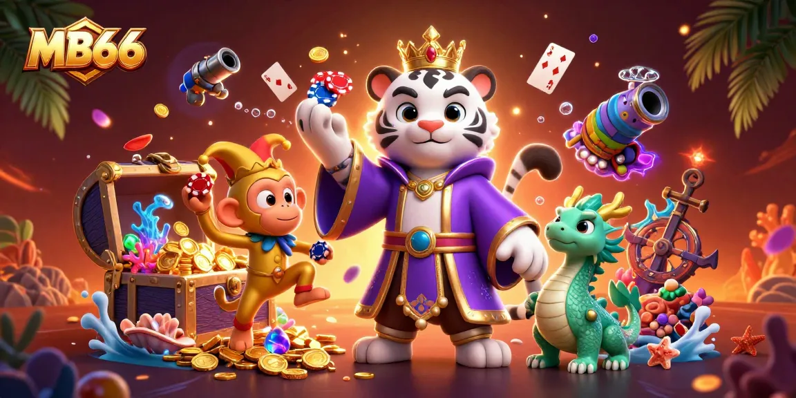 Win big at MB66 with an illustrated scene of a royal tiger and playful monkey in a vibrant casino atmosphere.