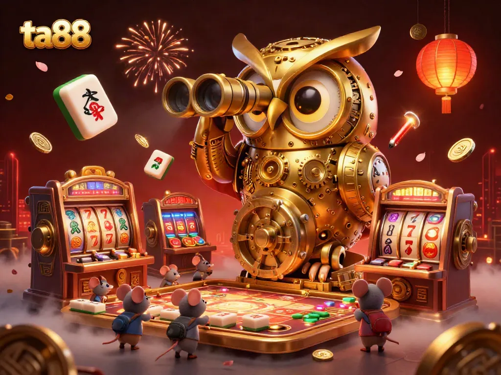 Engage with ta88's vibrant casino atmosphere featuring a clockwork owl scanning the electrifying gaming floor.