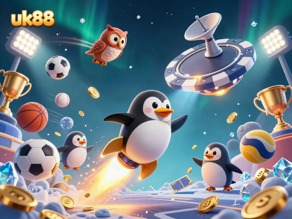 Engage in thrilling casino adventures at uk88, featuring a golden penguin rocket launching towards a giant poker chip station.