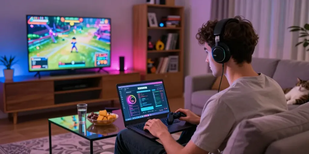 Engaging gaming experience with rokok88 rtp interface on laptop in a stylish living room.