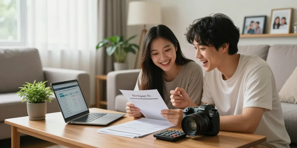 Calculating hipoteca in a warm home setting with a couple reviewing mortgage documents.