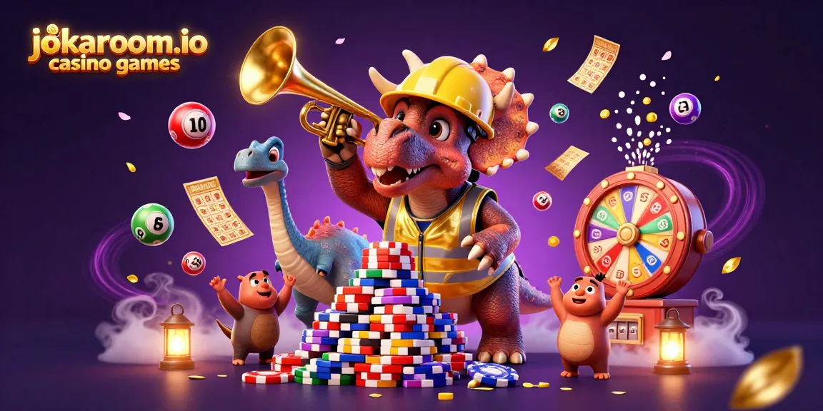 Experience thrilling jokaroom.io casino games with a lively 3D dinosaur illustration celebrating wins.