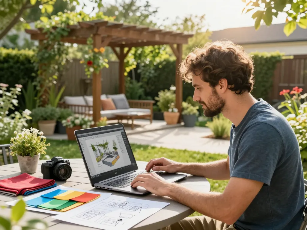 Escena dinámica de un configurador 3D para presupuestos para pérgolas y verandas, diseñador utilizando software al aire libre.