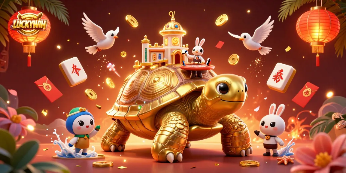 LUCKYWIN showcases a vibrant casino scene with a golden tortoise, rabbit dealer, and flying coins.