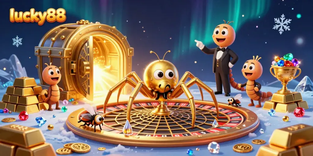 Experience thrilling bets at lucky88 as whimsical characters spin a roulette web adorned with treasures.