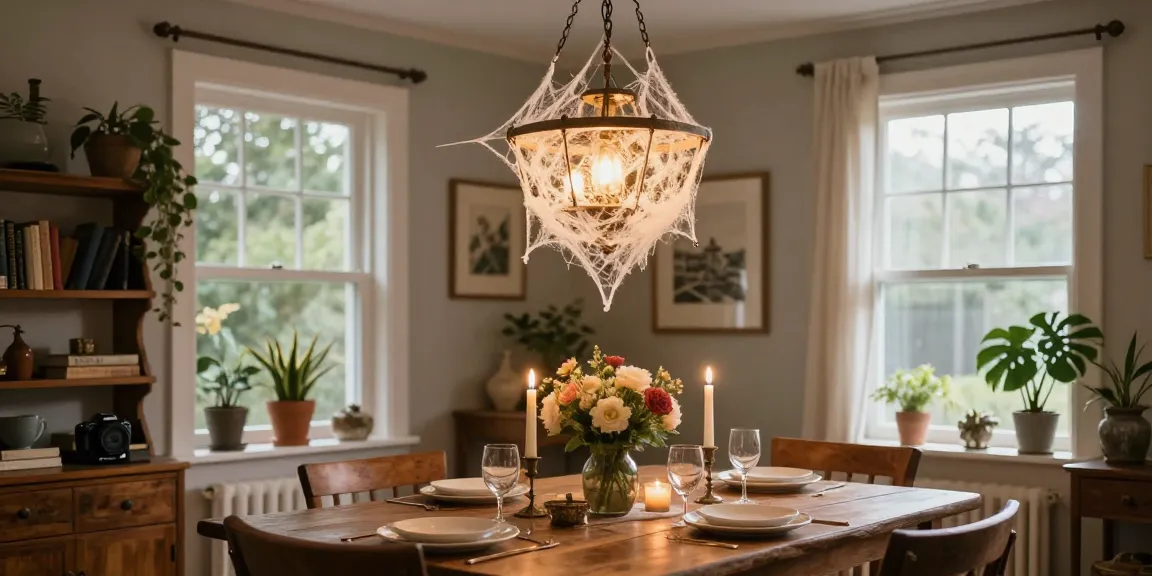 Stylish home interior with a lampara de araña illuminating a rustic dining table, creating an inviting atmosphere.