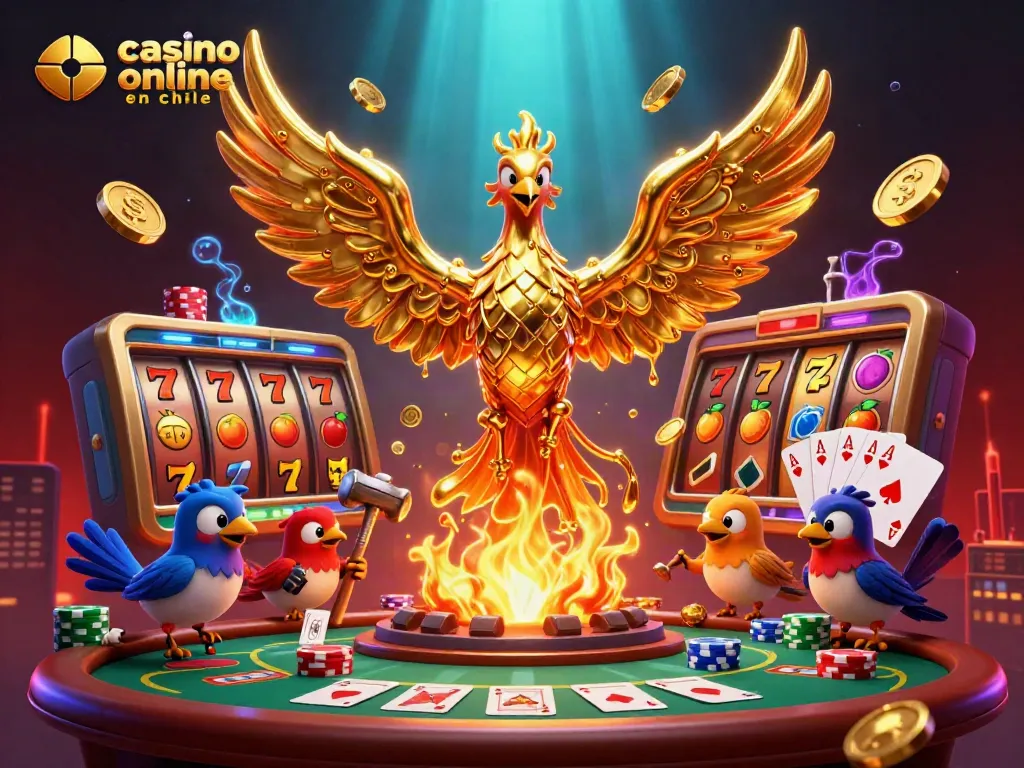 El mejor casino online en Chile con un fénix dorado y elementos de tragamonedas interactivos.