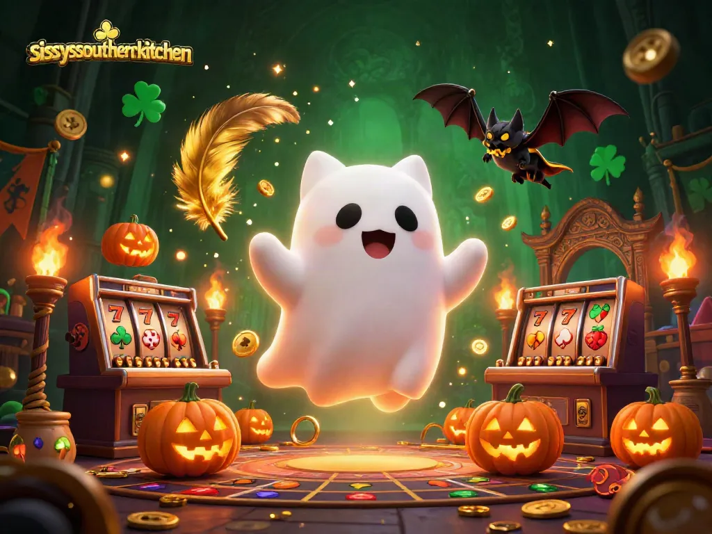 Sissy's Southern Kitchen invites luck with a ghost cat and vampire bat in a lively casino setting.