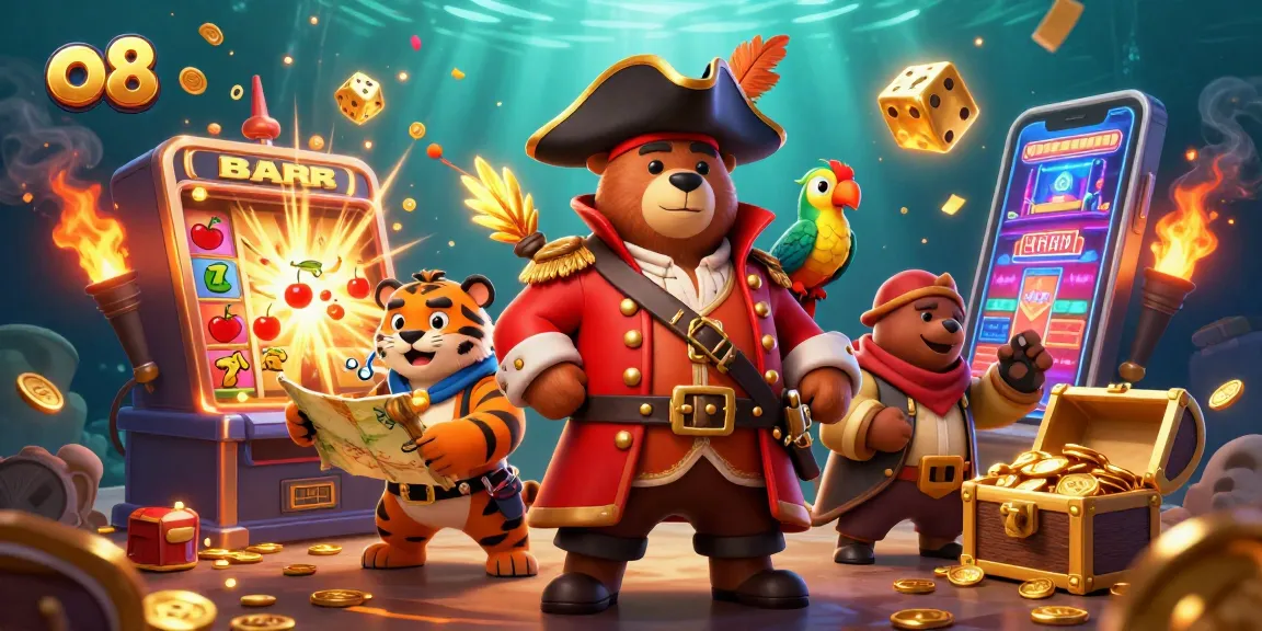 Play interactive games at o8 with a thrilling pirate adventure featuring a treasure map and slot machines.