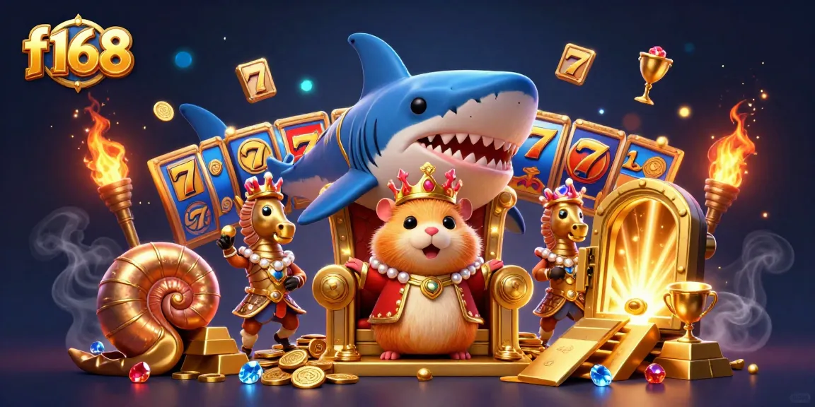 Experience thrilling slots at f168 with a dynamic scene featuring gold treasures and a hamster king.