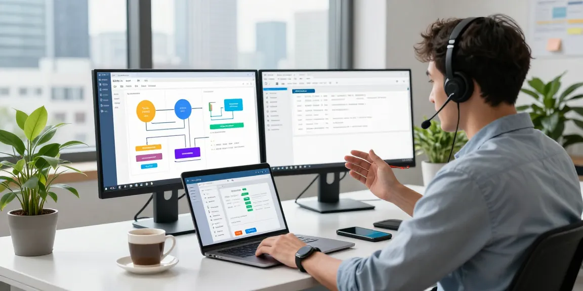 Build internal tools with AI using a laptop in a collaborative workspace with vibrant graphs, bright city view.