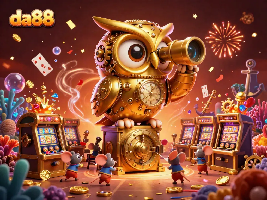 Experience the vibrant casino scene with da88 featuring a golden owl and wind-up mouse among slot machines.